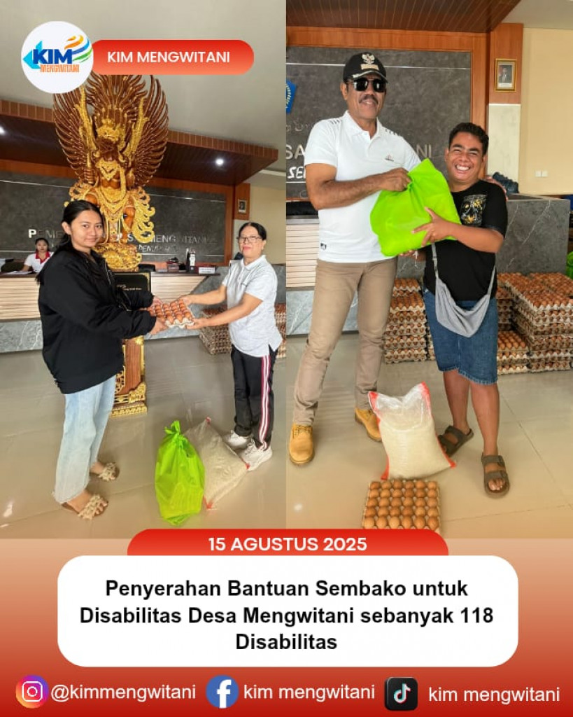 PENYERAHAN BANTUAN SEMBAKO UNTUK DISABILITAS DI WILAYAH DESA MENGWITANI SEBANYAK 118 DISABILITAS.